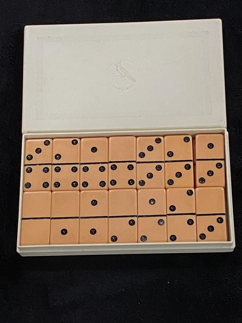 Vintage CARDINAL Catalin Dominoes BUTTERSCOTCH BAKELITE In Plastic Box No. 5555