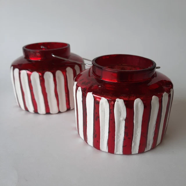 Tea Light Candle Holder Set 2 Glass Red Christmas Season Bucket Style B7