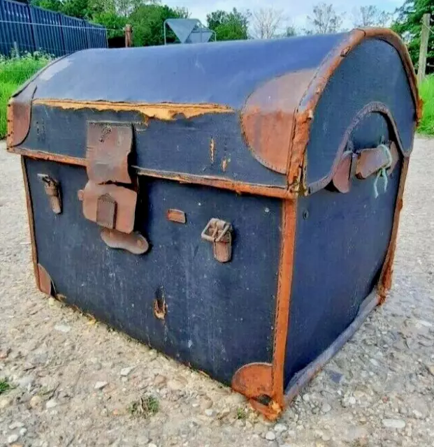 Antique Vintage Steamer Pirate Chest Travel Trunk Wooden Banded Domed Storage