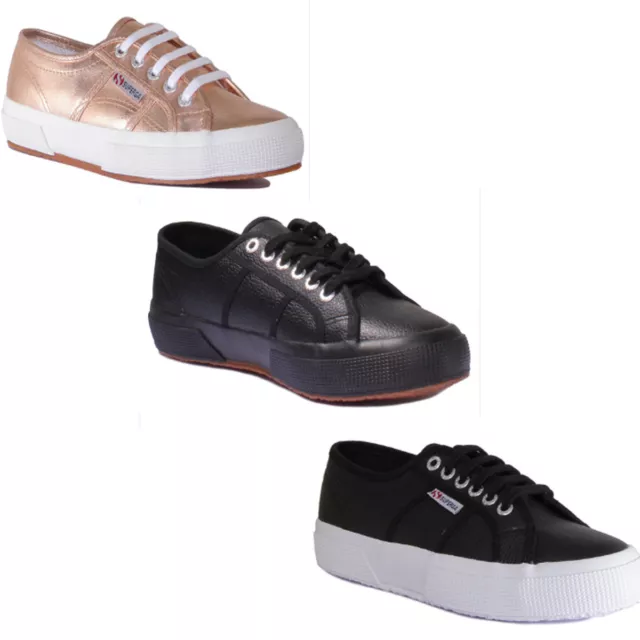 Superga 2750 EFGLU Femme Lacet Cuir Baskets En Noir Blanc Taille UK 3 - 6.5