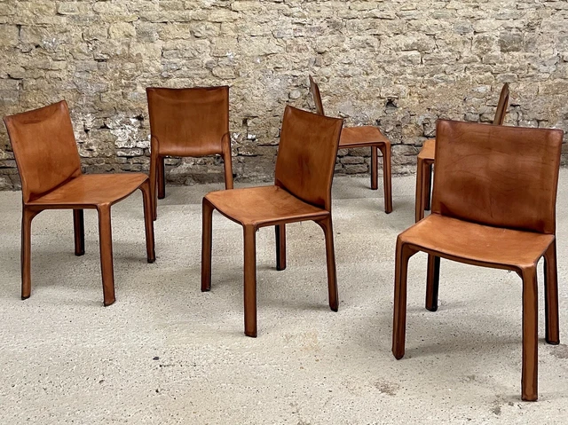 Set 6 Six Mario Bellini Cab 412 Dining Chairs Cassina Raw Hide Leather Vintage