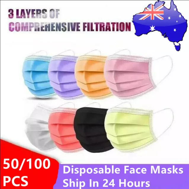 50/100x Face Mask Disposable Black Surgical Mouth Masks Certified 3layer-