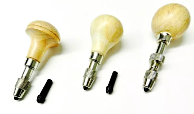 Hand Chucks Wooden Handle Pin Vise Set of 3 Handle Shapes - Pear Round Mushroom
