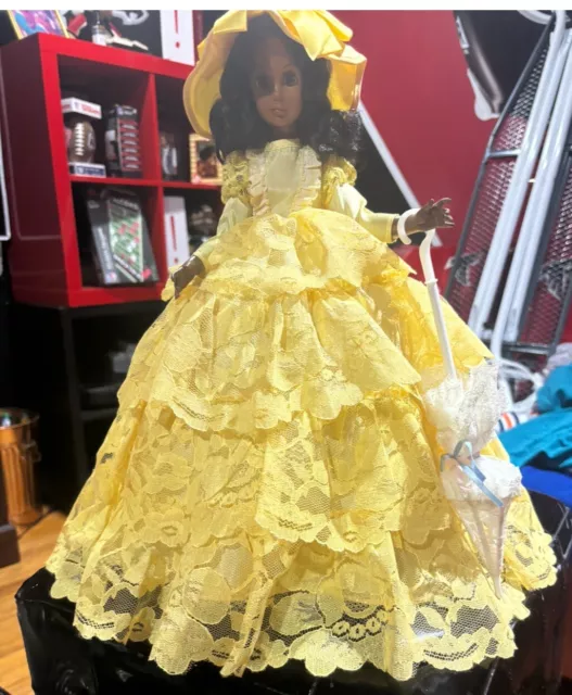 STUNNING!!!! Vintage African  American Doll In Yellow Matching Hat And Umbrella.