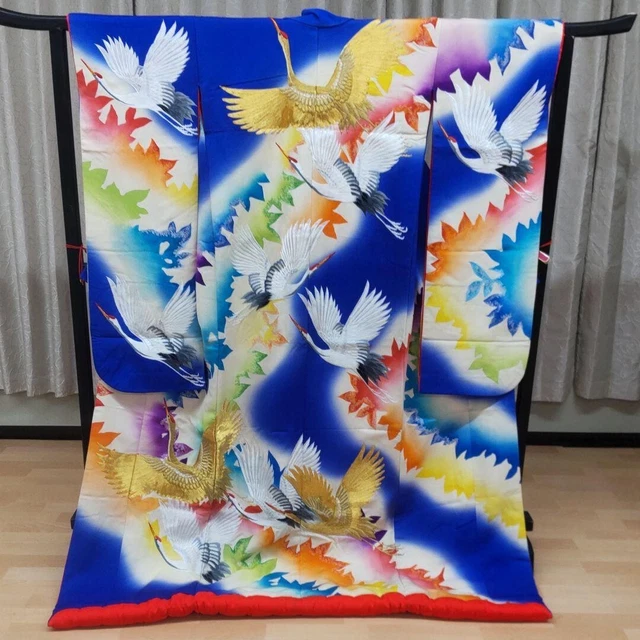 Japanese Kimono Uchikake Luxurious Wedding Embroidery Pure Silk Crane Blue K473