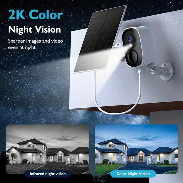 SOLAR POWERED OUTDOOR Wireless Security Camera, 2K 3mp Video Resolution ...