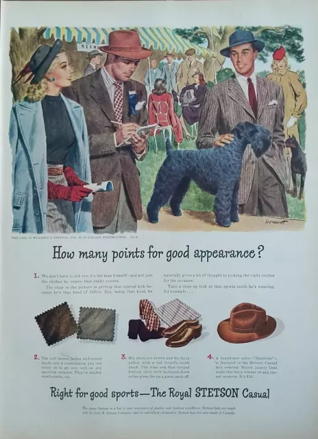 1946 vintage stetson hats print ad, Luxury hat, cool artwork. Dog Show