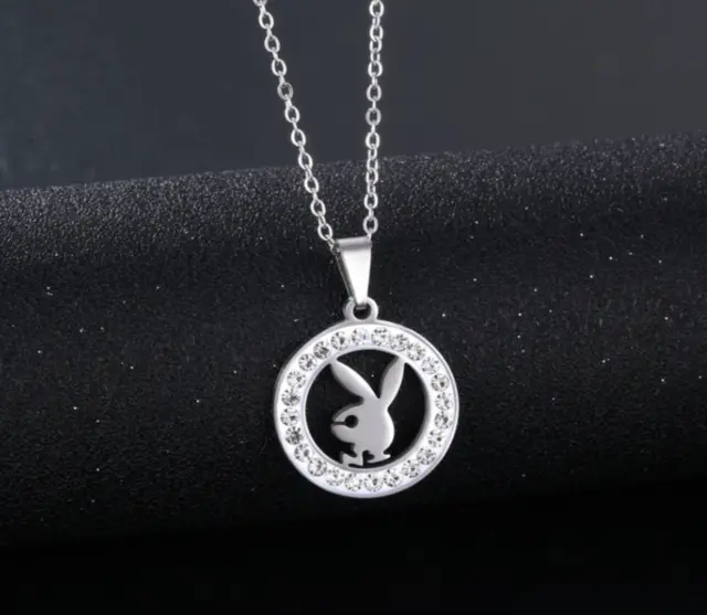 Titanium Silver White Unisex Punk OK Rabbit Playboy Round CZ Pendant Necklace