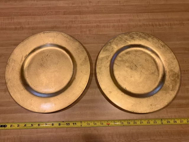 2 Vintage Pier 1 Tuscany Gold Leaf Chargers 13" Ceramic Pottery Plates Italy