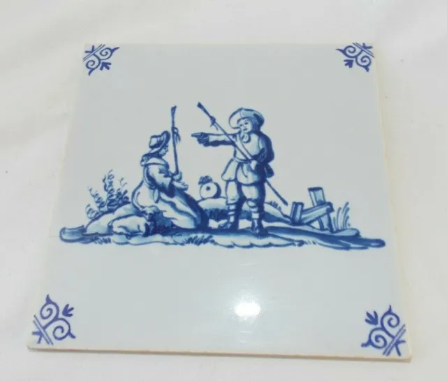 Vintage Blue White Delft Tile Man Woman Fishing Dog Trivet 5" Ceramic Kitchen