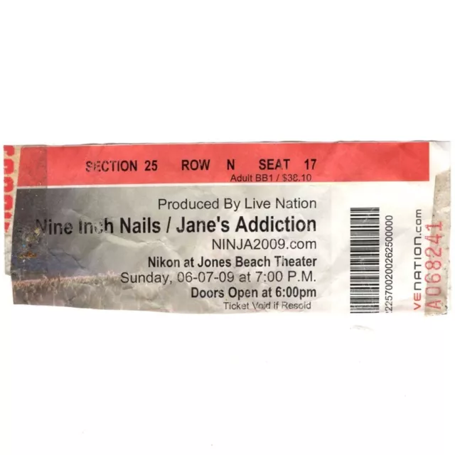 NINE INCH NAILS & JANE'S ADDICTION Concert Ticket Stub WANTAGH NY 6/7/09 JONES