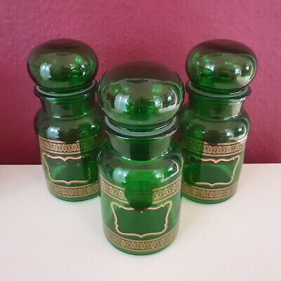 3x Apothekerflasche Apothekerglas Vorratsglas Stopfen Deckel grün gold Vintage 2