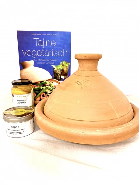 Paquete de regalo para principiantes Tajine 4 piezas con libro "Tajine vegetariano." y Aladi