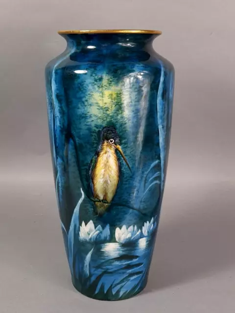 Grand vase porcelaine Limoges décor peint martin-pêcheur signé Très bon état SB