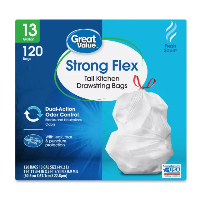 Great Value Strong Flex 13-Gallon Drawstring Tall Kitchen Trash Bags, 120 Bags