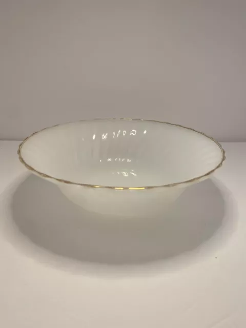 Vintage Anchor Hocking Fire King Milk Glass Swirl 8.5" Gold Rim Serving Bowl