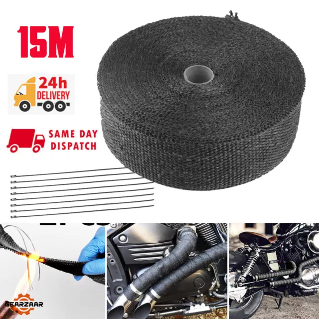 15M Titanium Black Heat Wrap Tape Exhaust Insulating Downpipe Manifold With Ties