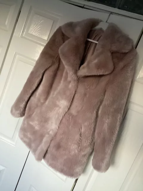 Dusky Pink Faux Fur Coat ASOS Size 10 /12 Mid Length Pockets Poppers Lined