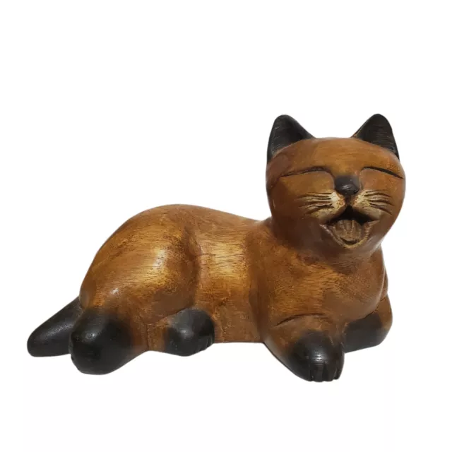 Vintage Hand Carved Wood Cat Figurine Set Folk Art Sleeping Playful Kitty Decor 2