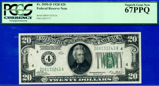 1928 $20 Federal Reserve Note PCGS 67PPQ wanted superb gem Cleveland Fr 2050-D