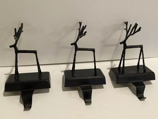 Primitive Wrought Iron Reindeer Christmas Stocking Holders Mantel Hooks Set of 3