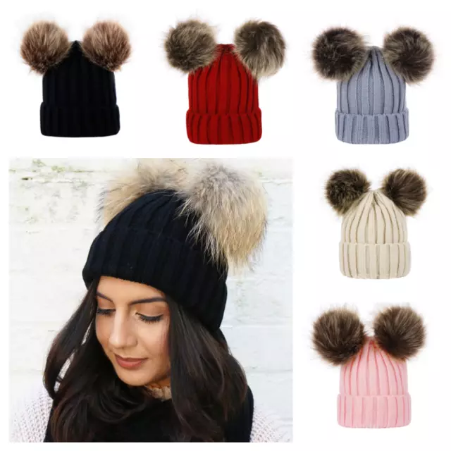 Fashion Women Winter Double Pom Pom Beanie Hat Ladies Warm Bobble Knitted Hat UK