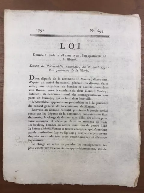 Mantes en 1792 Yvelines Rouen Morlay Batelier Rare Loi Révolution Française 3