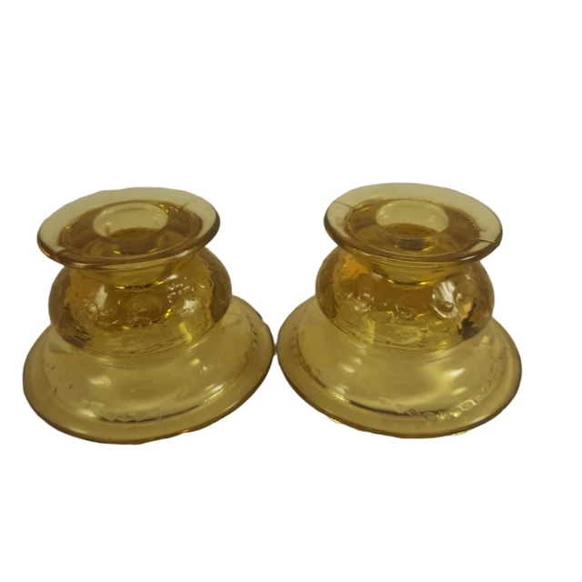 Vintage Pair Federal Amber Madrid Pattern Depression Glass Candlestick Holders