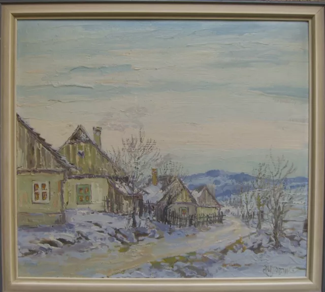 Zahradnik Pintura Al Óleo ° Pueblo Invierno Paisaje Nieve Casas Montañas° Antik