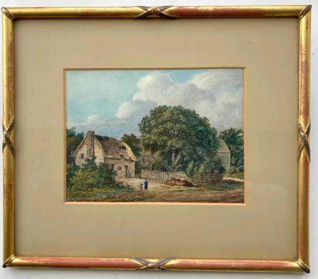 English School Antique Original Watercolour Painting Figures & Farm Landscape