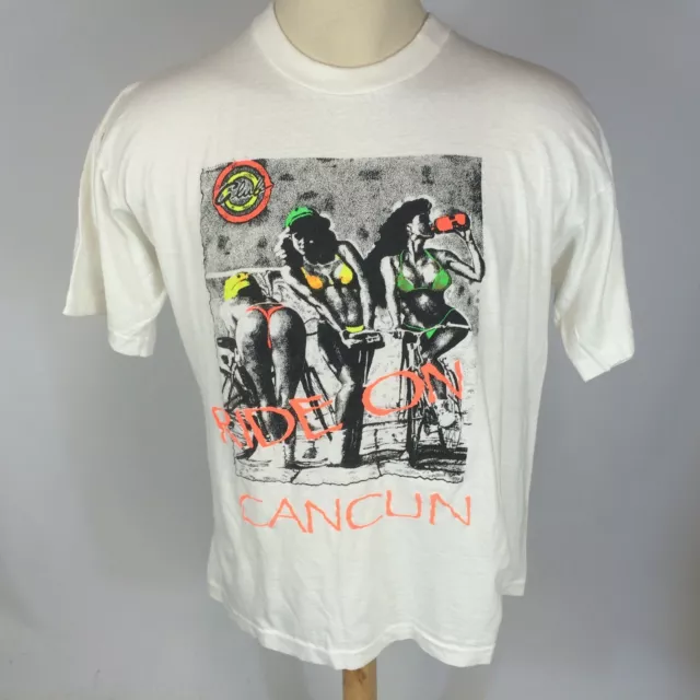 Vintage 80s Neon Bicycle Cycling Surf Beach Volleyball T Shirt Cancun L Dayglo