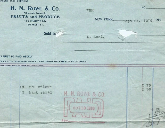 H N Rowe & Co Murray St. New York NY 1910 Billhead Fruits and Produce