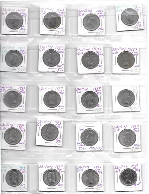COIN SHEET - GREAT BRITAIN 1947 - 1970 Shillings - Lot of 20 Diff. AU-Unc Coins