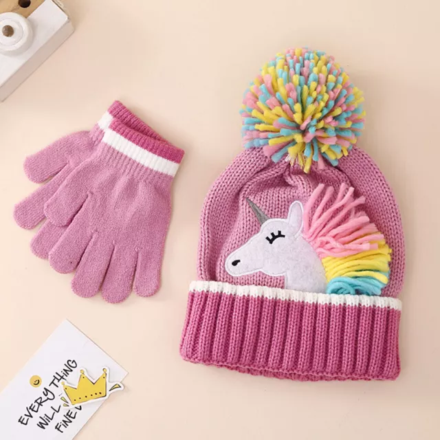 Toddler Baby Winter Unicorn Beanie Knitted Hat Gloves Set Warm Soft Pompom Cap 2