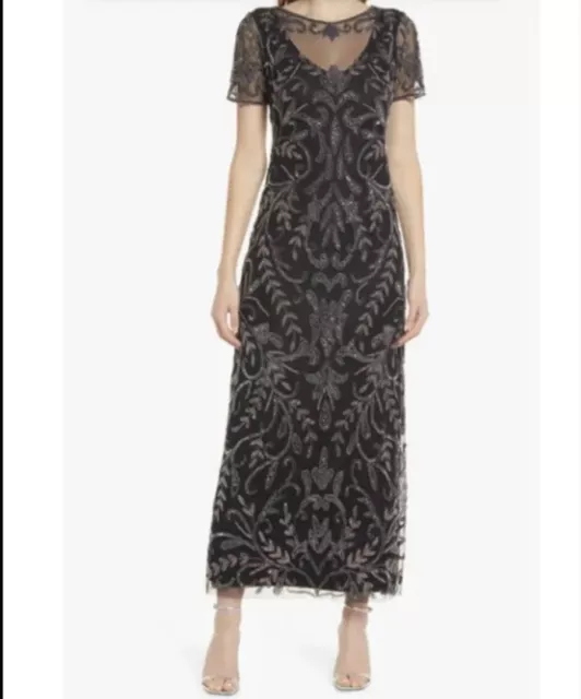 NWT Pisarro Nights Size 14 Beaded Short Sleeve Gown Black Chiffon Evening Formal