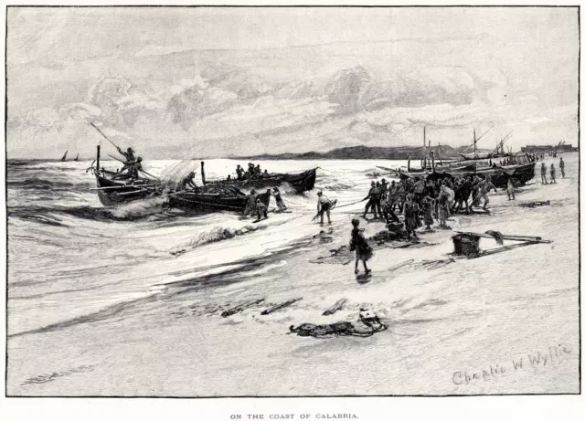 Calabria:pescatori calabresi tirano le reti.Grande veduta.Stampa antica del 1880