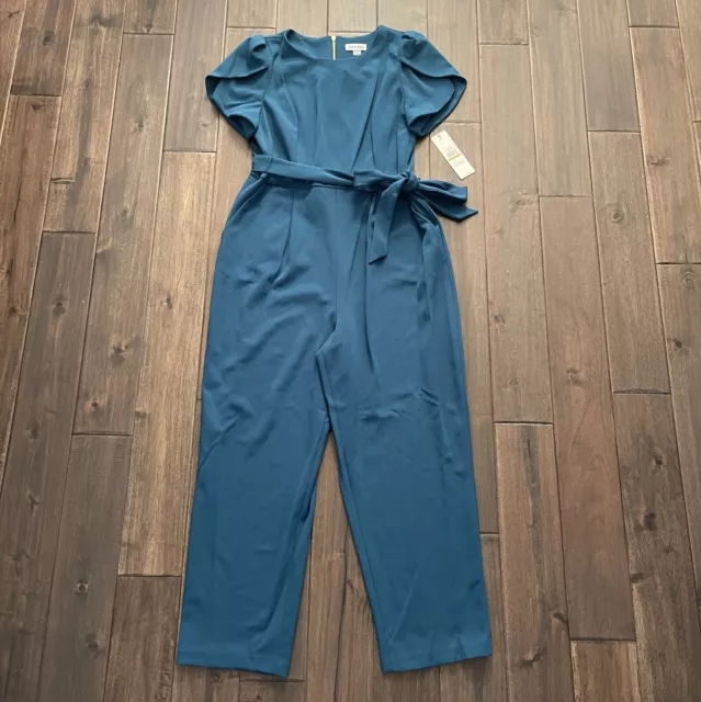 Calvin Klein Teal Short Tulip Sleeve Belted Jumpsuit 14 NWT