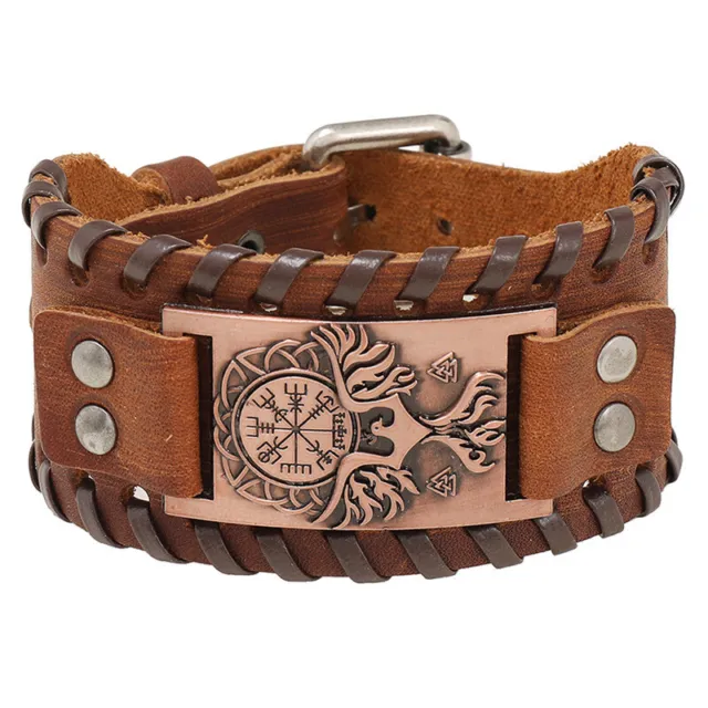 Men's Norse Viking Vegvisir Compass&Raven Leather Cuff Wristband Bracelet Gifts