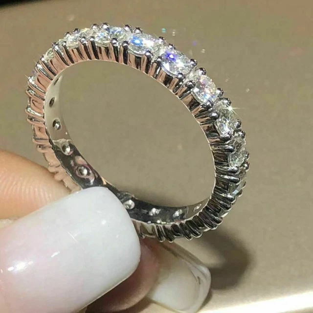 Real Moissanite 2Ct Round Cut Eternity Wedding Band 14K White Gold Plated Silver