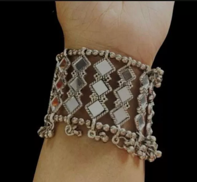 2 pulsera étnica tradicional estilo Bollywood de plata oxidada con espejo... 3