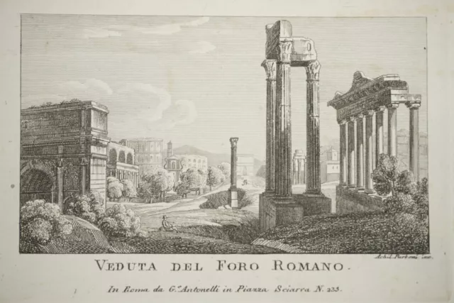Gravure Miniature Paysage Architecture Forum Romain Antique Rome Italie 1830 A
