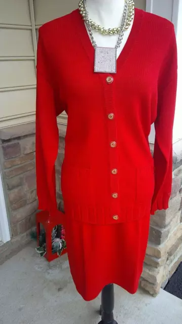 St John bright red skirt suit  14 12  L w designer buttons embellished career