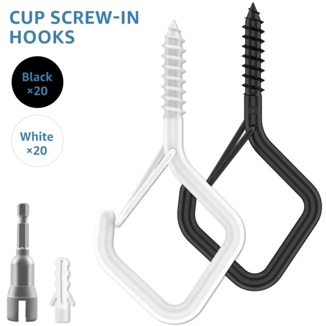 20Pcs Cup Screw-in Hooks Set 40lbs Square Snap Hanging Hook with Nut Driver ⚤