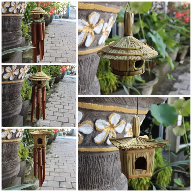 Seagrass Bird House Hanging Bamboo Chimes Outdoor Feeder Wood Garden Ornament