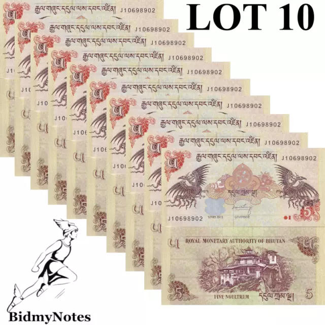 Bhutan 5 Ngultrum 2015 P 28c UNC 1/10 Bundle LOT 10 pcs