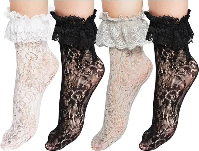 Fengek Womens Lace Ruffle Ankle Socks 4 Pair One Size Black/Grey/White