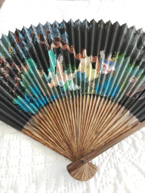 Asian Decorative Handpainted Fan Men & Women In The Garden Signed Black