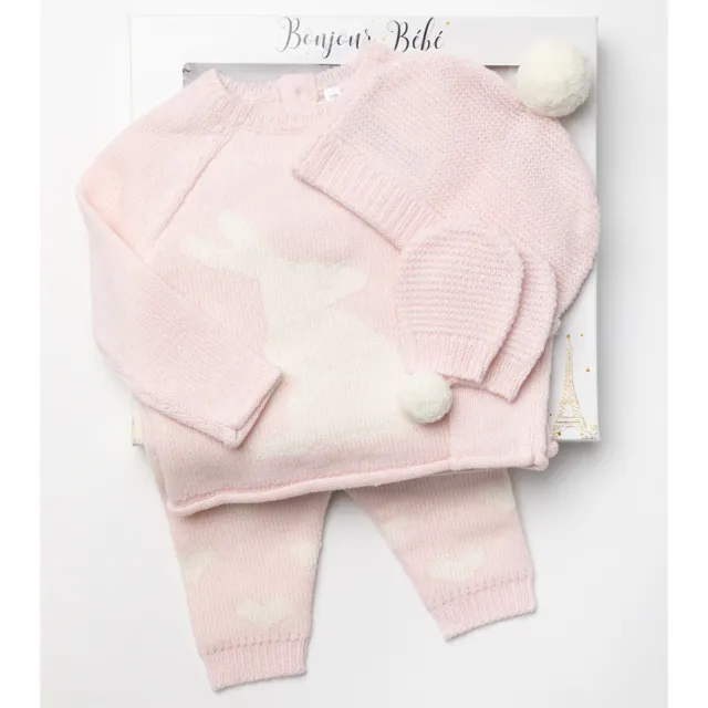 Baby Mädchen Strickoutfit & Bommelmütze Spanisch Rosa Kinderwagen Geschenkset Neugeborenes Mädchen - 6M