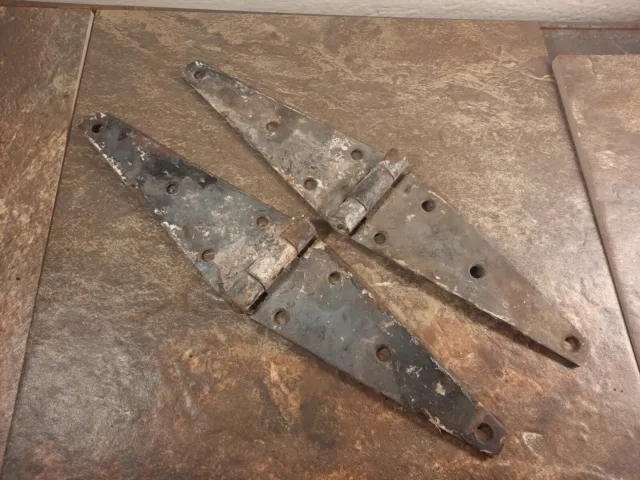 (2) Antique Iron Forged Heavy Barn Salvage Strap Iron Hinges - 12"