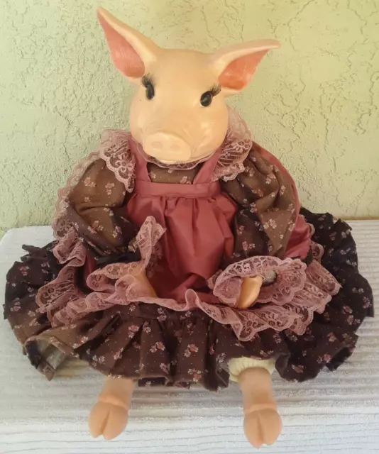 Charming PIG Shelf Sitter Ceramic & Muslin Body Fussy Dress Country Farmhouse